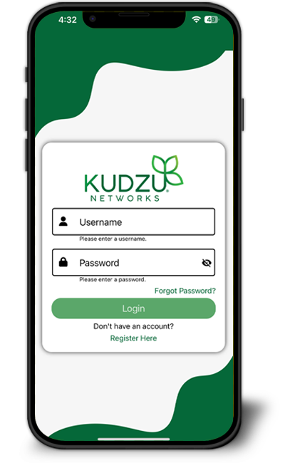 A mobile phone displaying the My Kudzu mobile app login screen.